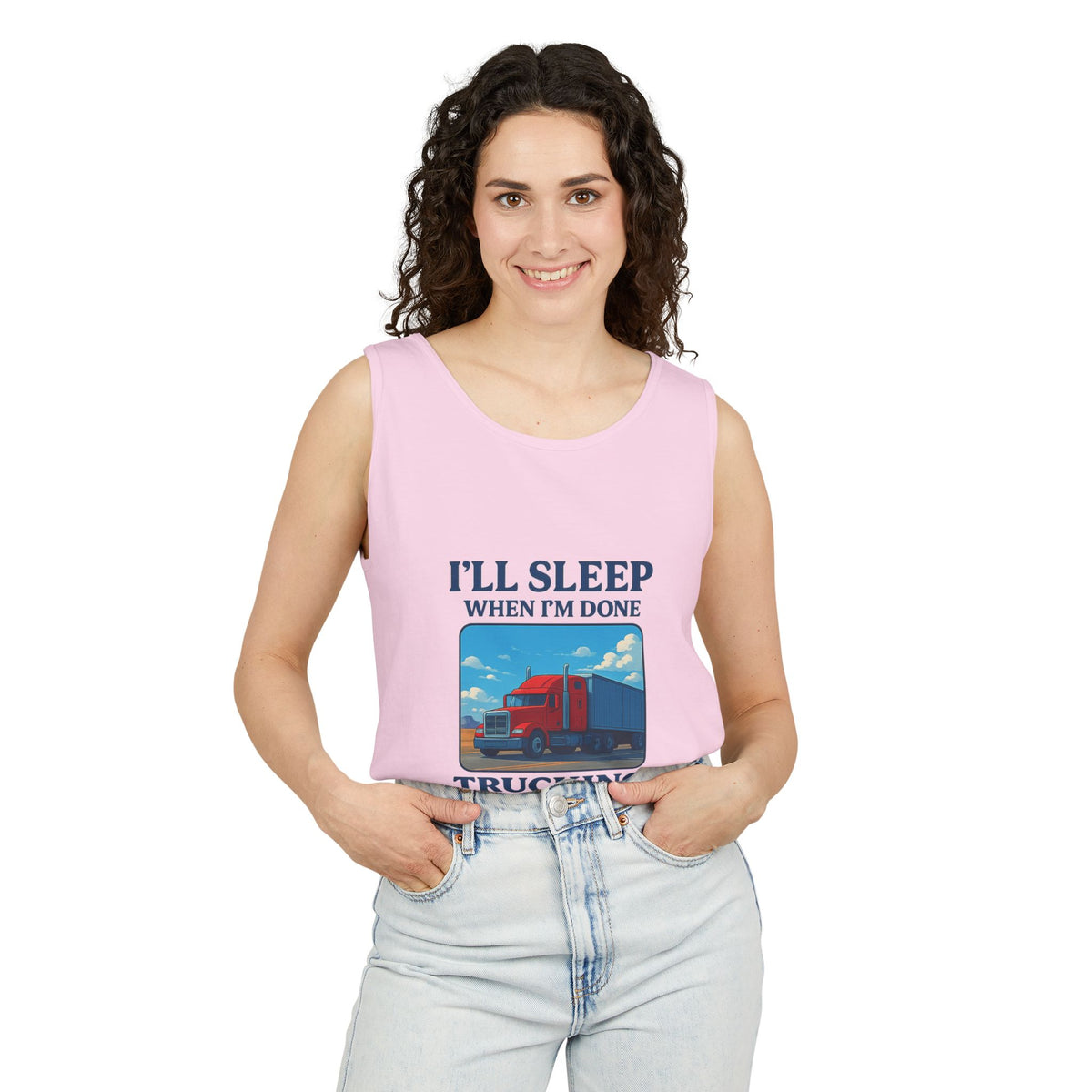 Chambray trucking humor tank top by Printify with "I'll Sleep When I'm Done" slogan, casual sleeveless design.