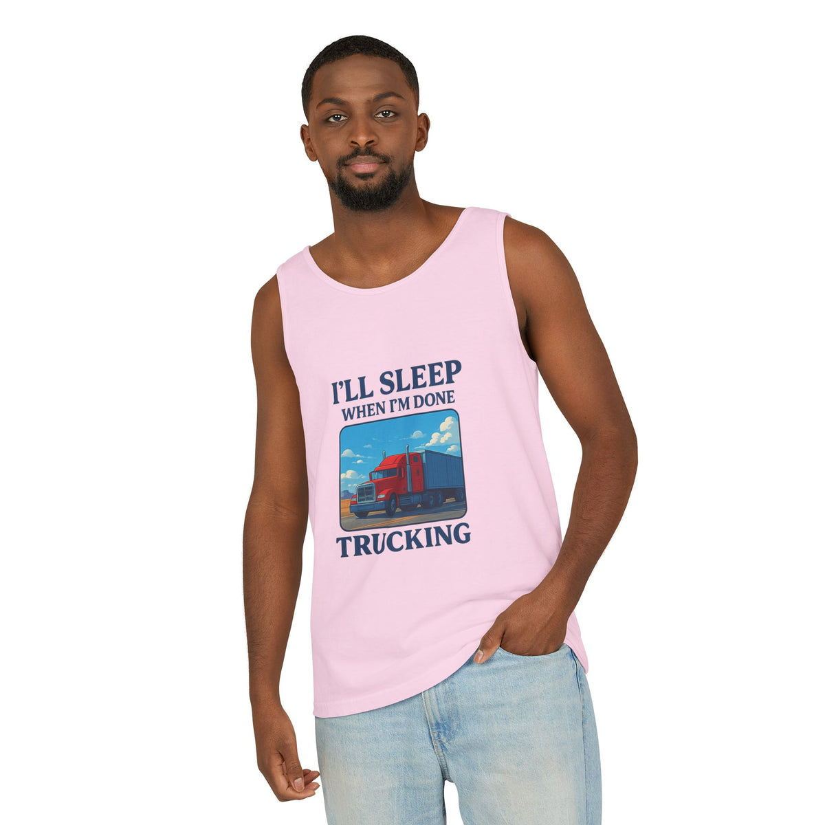 Chambray trucking humor tank top by Printify featuring the phrase "I'll Sleep When I'm Done" in bold lettering.