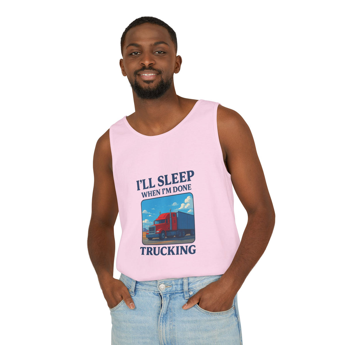 Chambray trucking humor tank top from Printify featuring the phrase "I'll Sleep When I'm Done" in bold text.