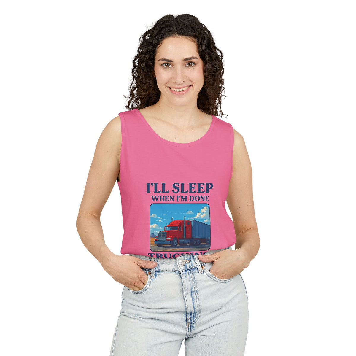 Chambray trucking humor tank top from Printify with "I'll Sleep When I'm Done" slogan, casual sleeveless design.