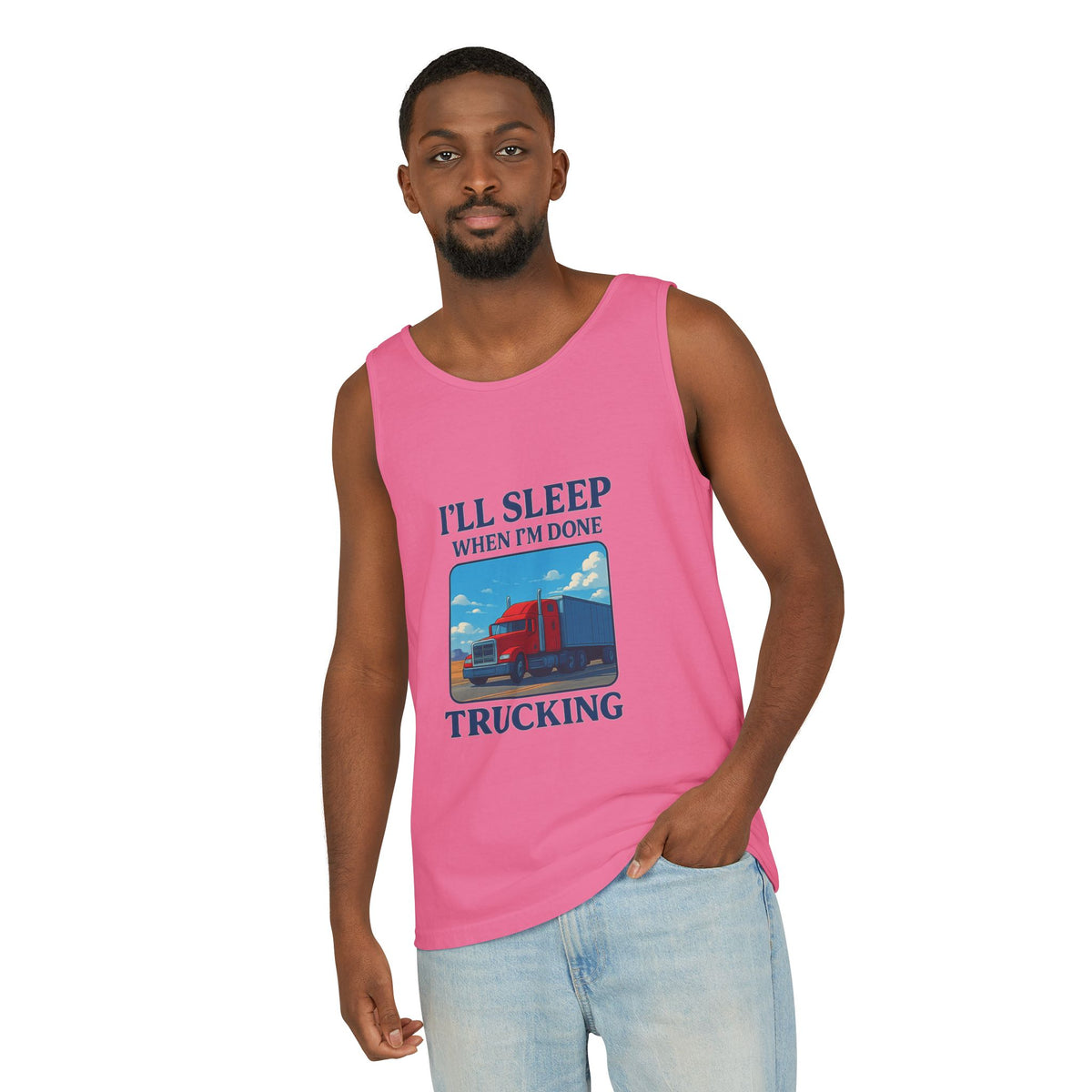 Chambray trucking humor tank top from Printify with "I'll Sleep When I'm Done" slogan, casual sleeveless design.