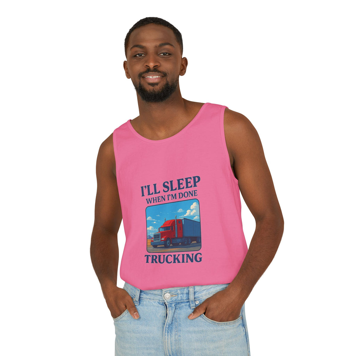 Chambray trucking humor tank top by Printify featuring the phrase "I'll Sleep When I'm Done" in bold text.