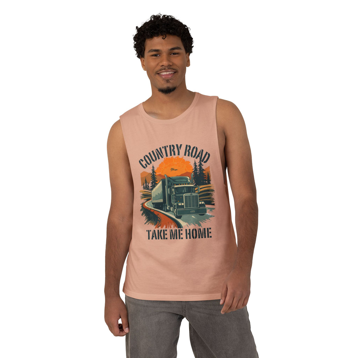 White Country Road Tank Top featuring a "Take Me Home" trucking graphic, casual sleeveless design by Printify.