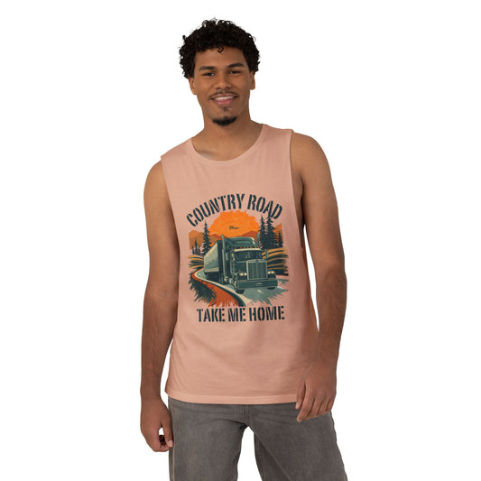 White Country Road Tank Top featuring a "Take Me Home" trucking graphic, casual sleeveless design by Printify.