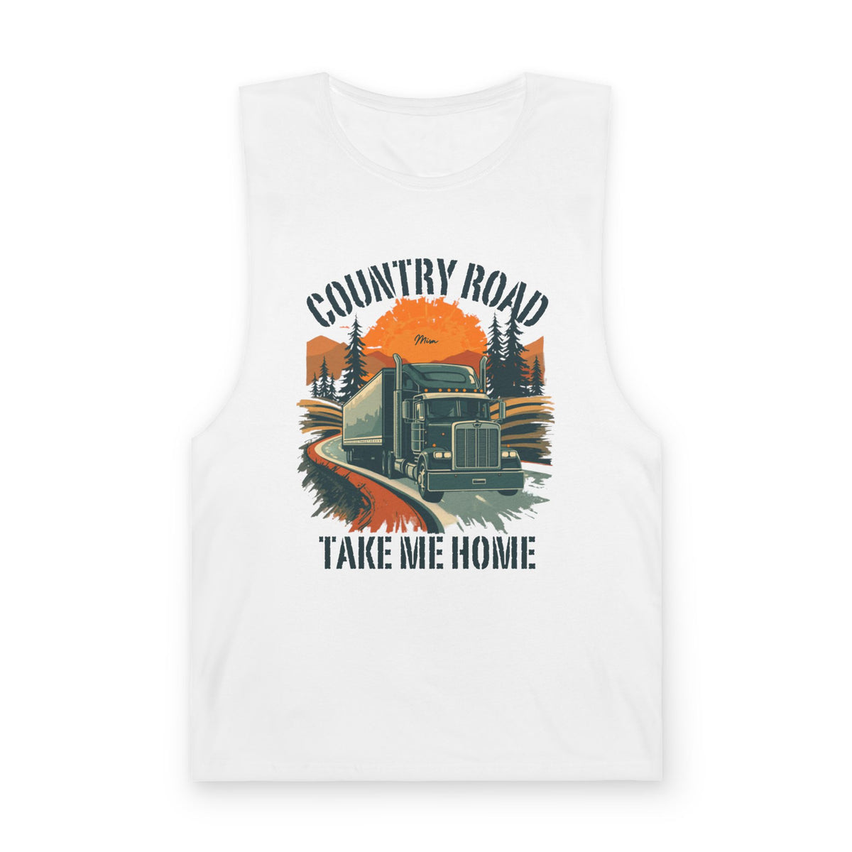 White Country Road Tank Top with trucking graphic and "Take Me Home" text, featuring a casual sleeveless design by Printify.