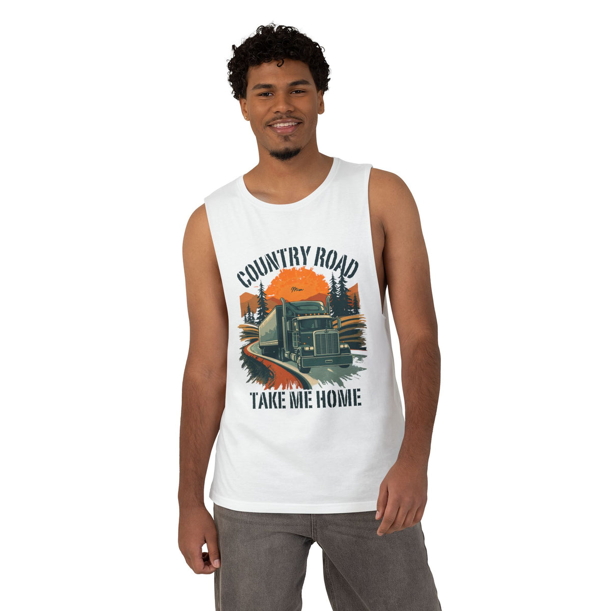 White Country Road Tank Top with trucking graphic and "Take Me Home" text, featuring a casual sleeveless design by Printify.