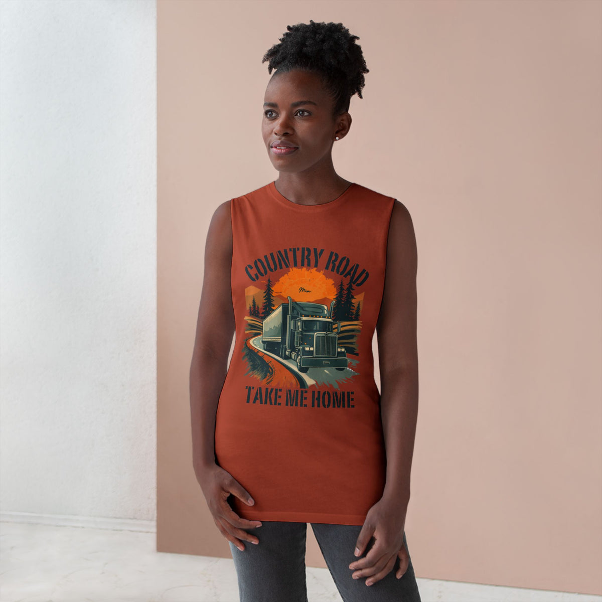 White Country Road Tank Top with "Take Me Home" trucking graphic, casual sleeveless shirt for men or women.