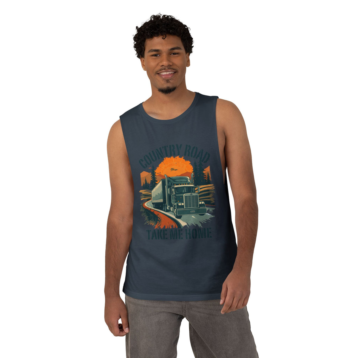 White Country Road Tank Top with "Take Me Home" trucking graphic, casual sleeveless shirt for women.