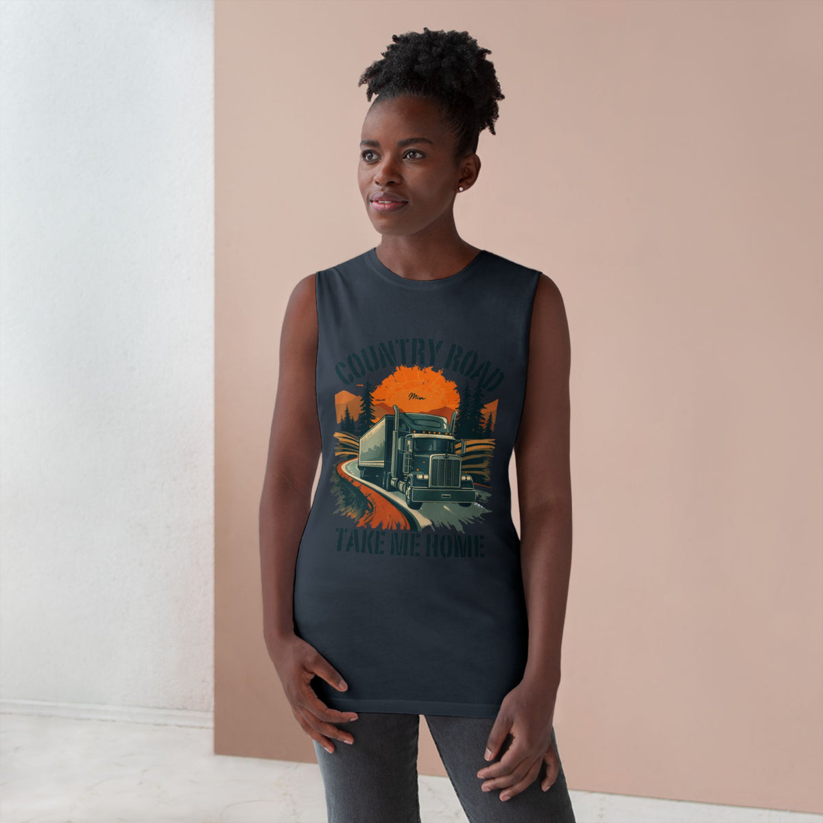 White Country Road Tank Top featuring a "Take Me Home" trucking graphic, designed by Printify, displayed on a small size.