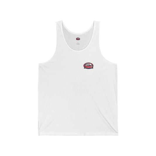Aqua unisex jersey tank top with patriotic "We Drive America's Economy" graphic design by Printify.