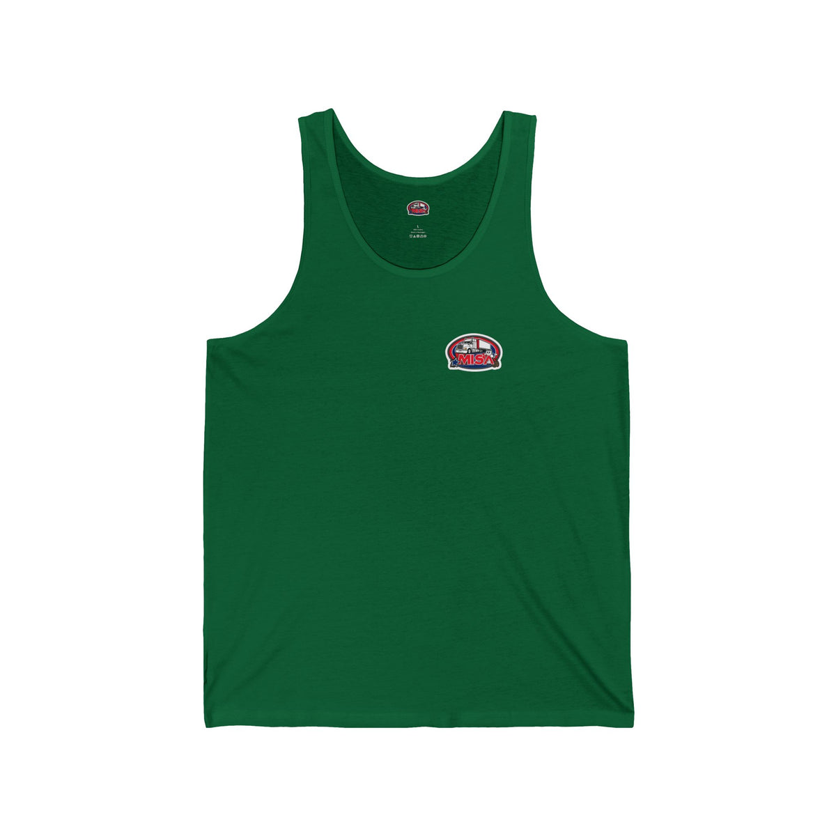 Aqua unisex jersey tank top with patriotic "We Drive America's Economy" graphic, featuring bold red, white, and blue design.