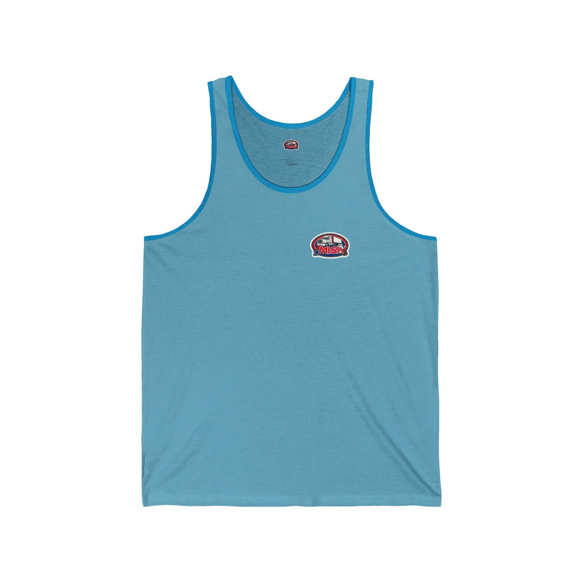 Aqua unisex jersey tank top with patriotic "We Drive America's Economy" graphic design by Printify.