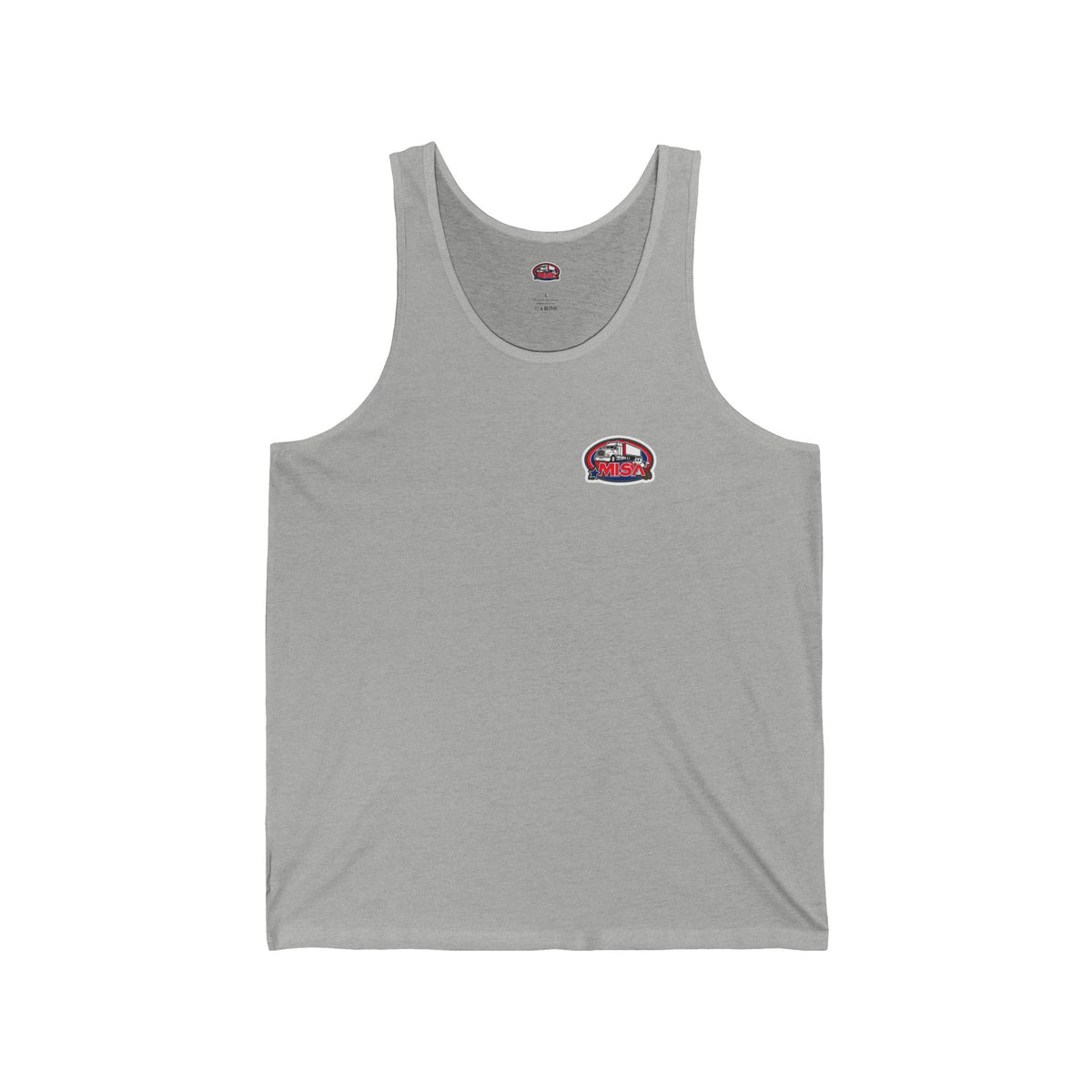Aqua unisex jersey tank top with patriotic "We Drive America's Economy" graphic print, featuring bold red, white, and blue design.