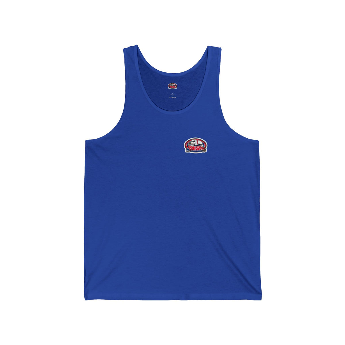 Unisex aqua jersey tank top with patriotic "We Drive America's Economy" graphic, by Printify, featuring a casual, unisex fit.