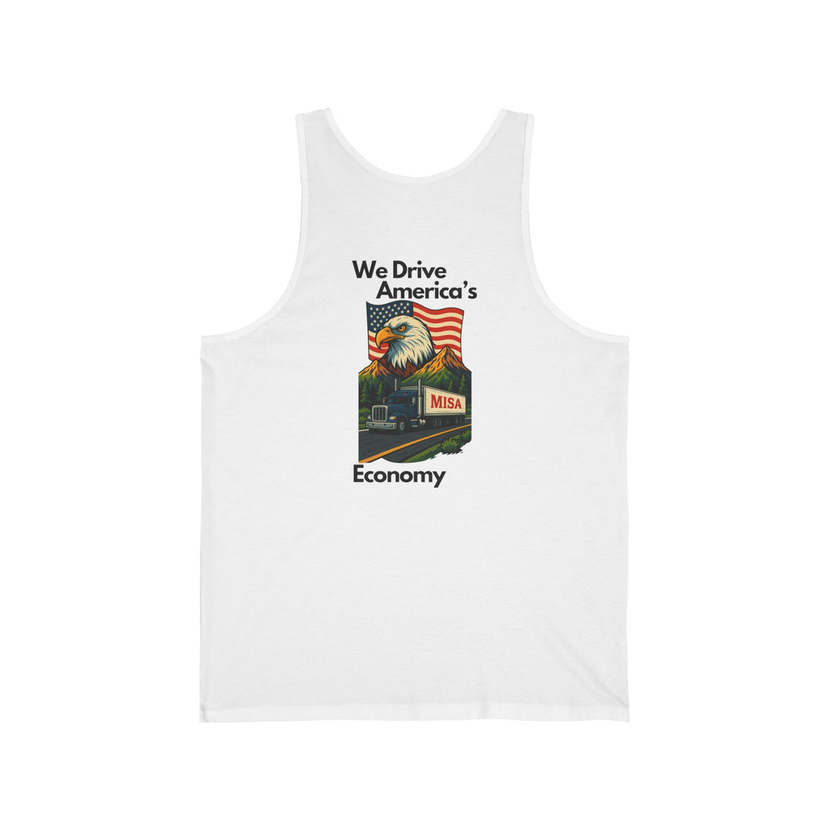 Unisex aqua jersey tank top with patriotic "We Drive America's Economy" graphic, by Printify, casual and patriotic apparel.