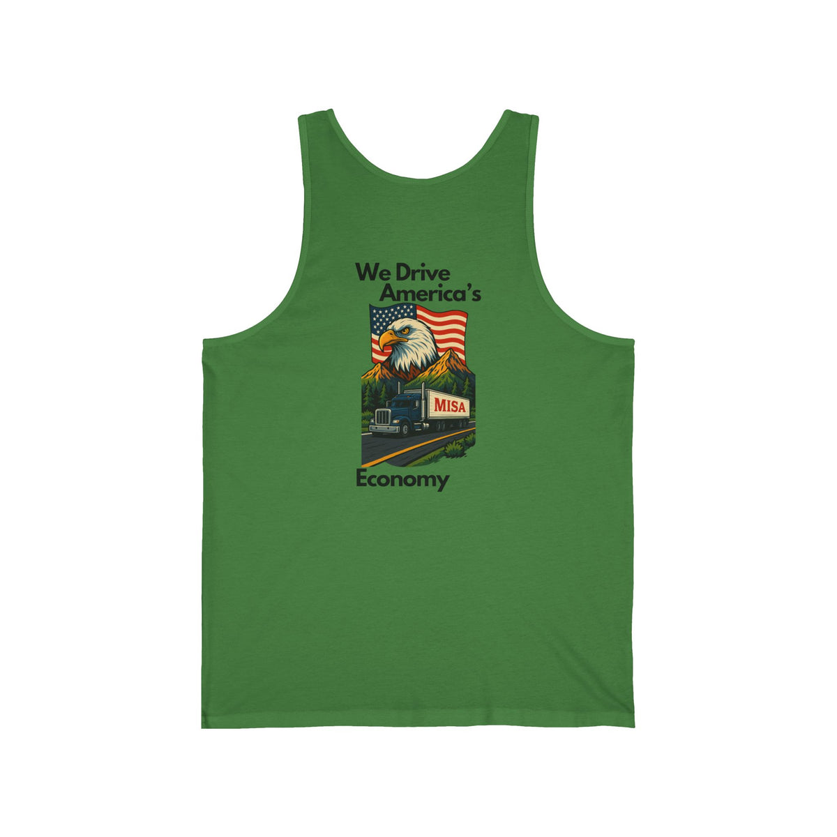 Aqua unisex jersey tank top with patriotic "We Drive America's Economy" graphic by Printify, casual unisex design.