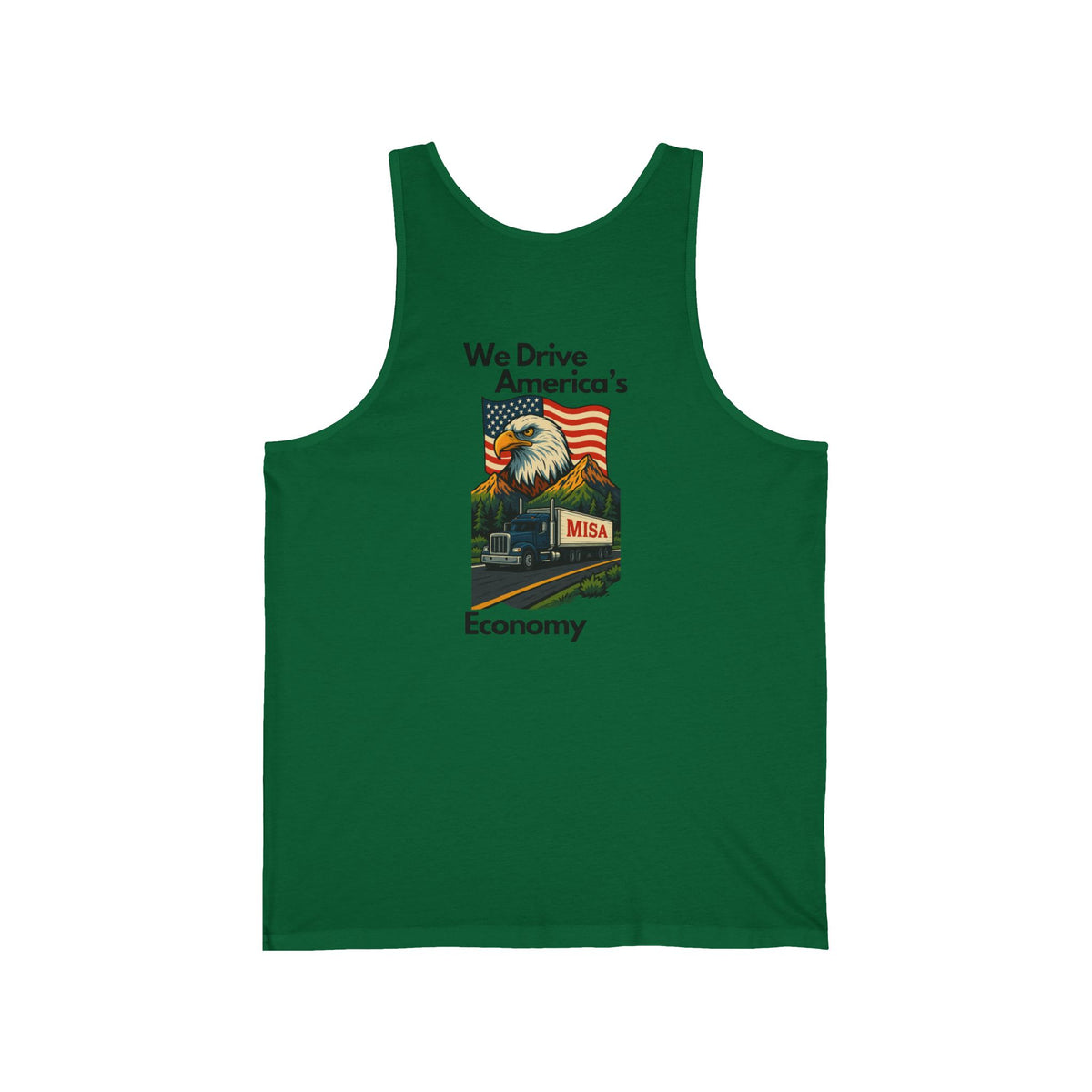 Aqua unisex jersey tank top with patriotic "We Drive America's Economy" graphic, featuring red, white, and blue design.