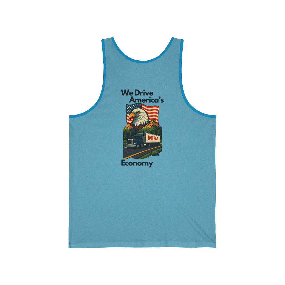 Aqua unisex jersey tank top with patriotic "We Drive America's Economy" graphic print, by Printify.