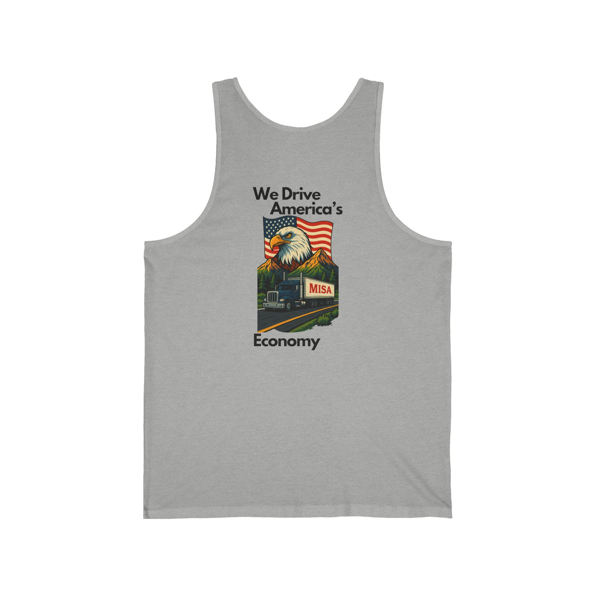 Aqua unisex jersey tank top with patriotic "We Drive America's Economy" graphic design by Printify.