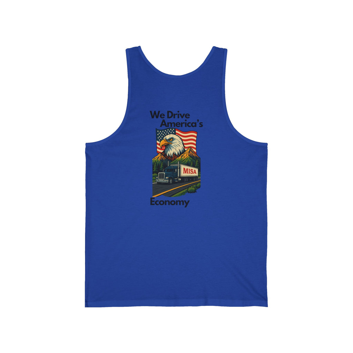 Aqua unisex jersey tank top with patriotic "We Drive America's Economy" graphic by Printify, featuring a casual fit and patriotic design.