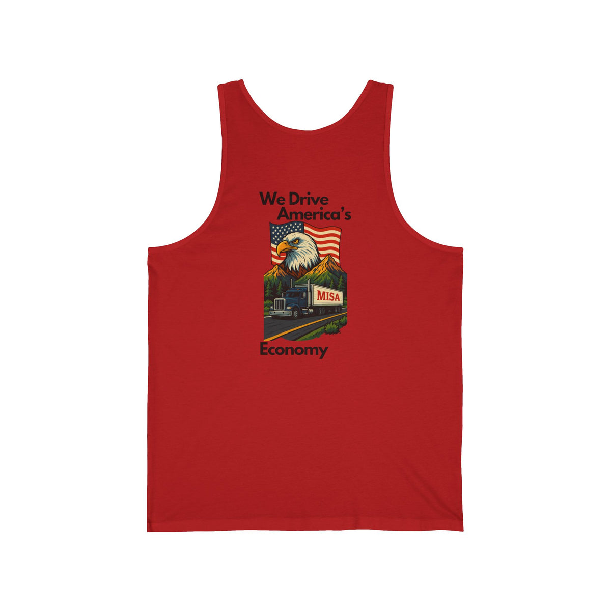 Aqua unisex jersey tank top with patriotic "We Drive America's Economy" graphic design by Printify.