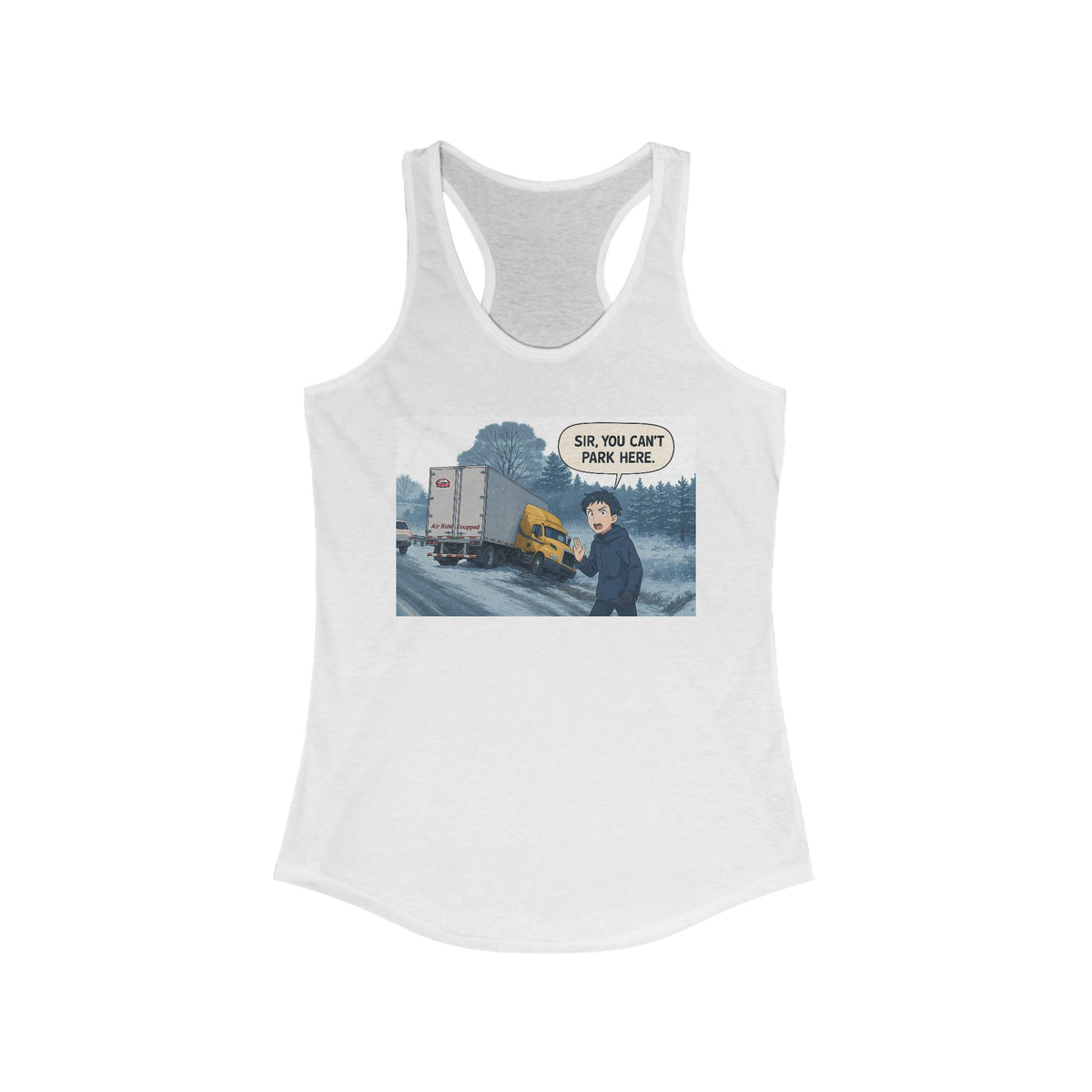 Black women's racerback tank top with humorous "Sir, You Can't Park Here!" print by Printify, casual and stylish.