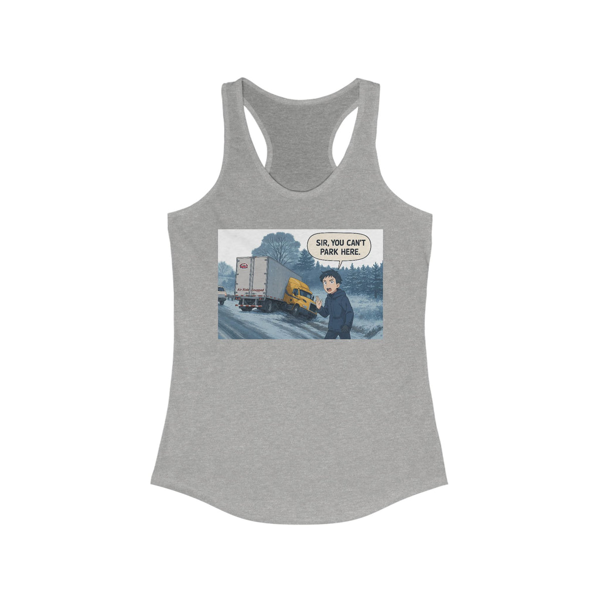 Black women's racerback tank top with humorous "Sir, You Can't Park Here!" print, by Printify, casual and fun graphic design.