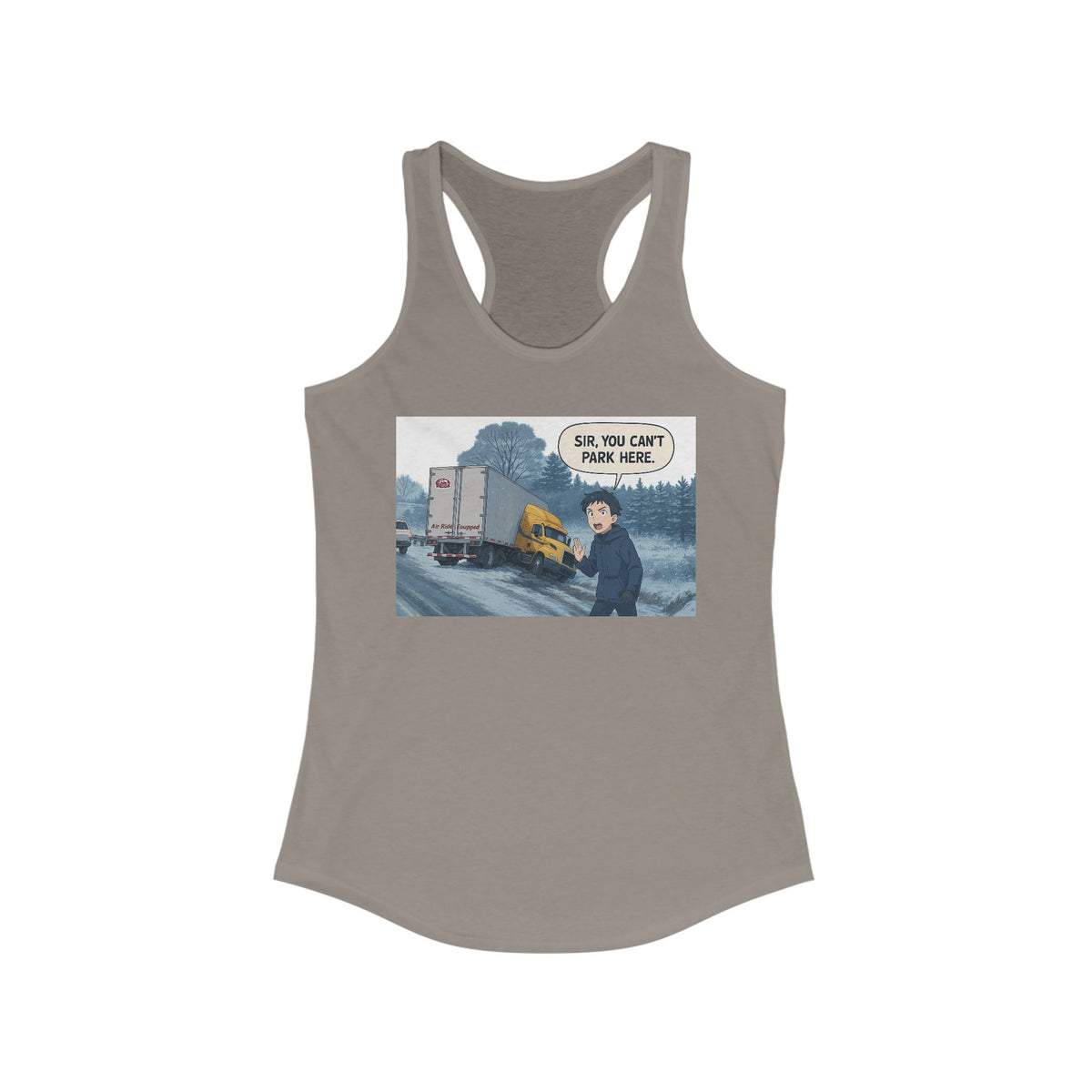 Black women's racerback tank top from Printify with humorous "Sir, You Can't Park Here!" slogan printed on the front.