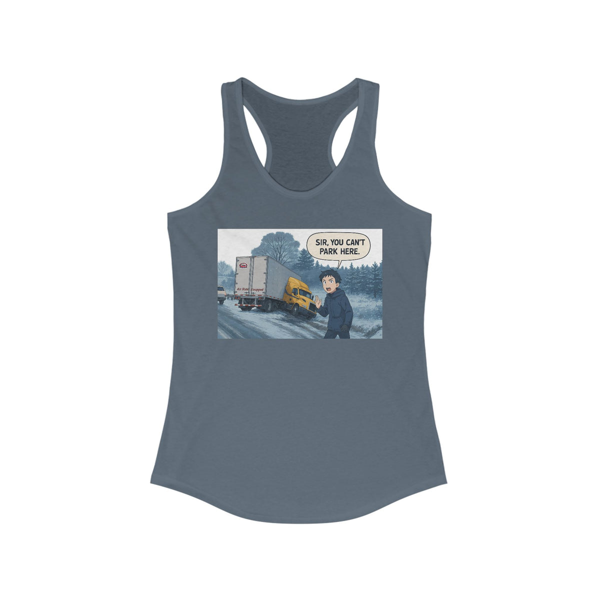 Black women's racerback tank top by Printify with humorous "Sir, You Can't Park Here!" slogan.