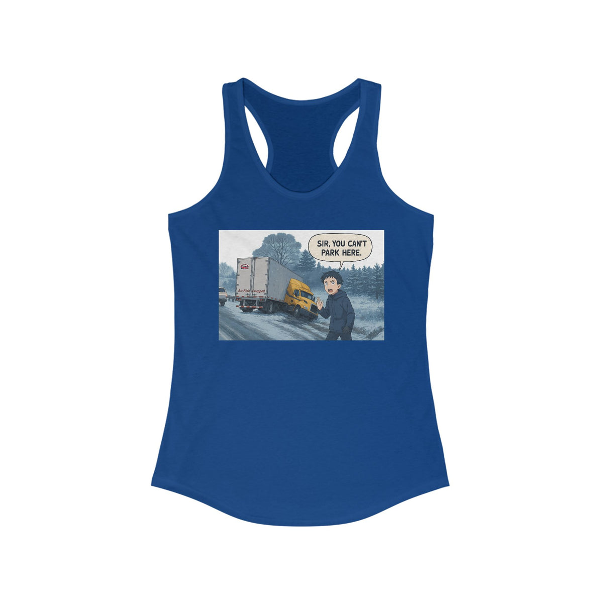 Black women's racerback tank top with humorous "Sir, You Can't Park Here!" print, by Printify, casual and fun apparel.