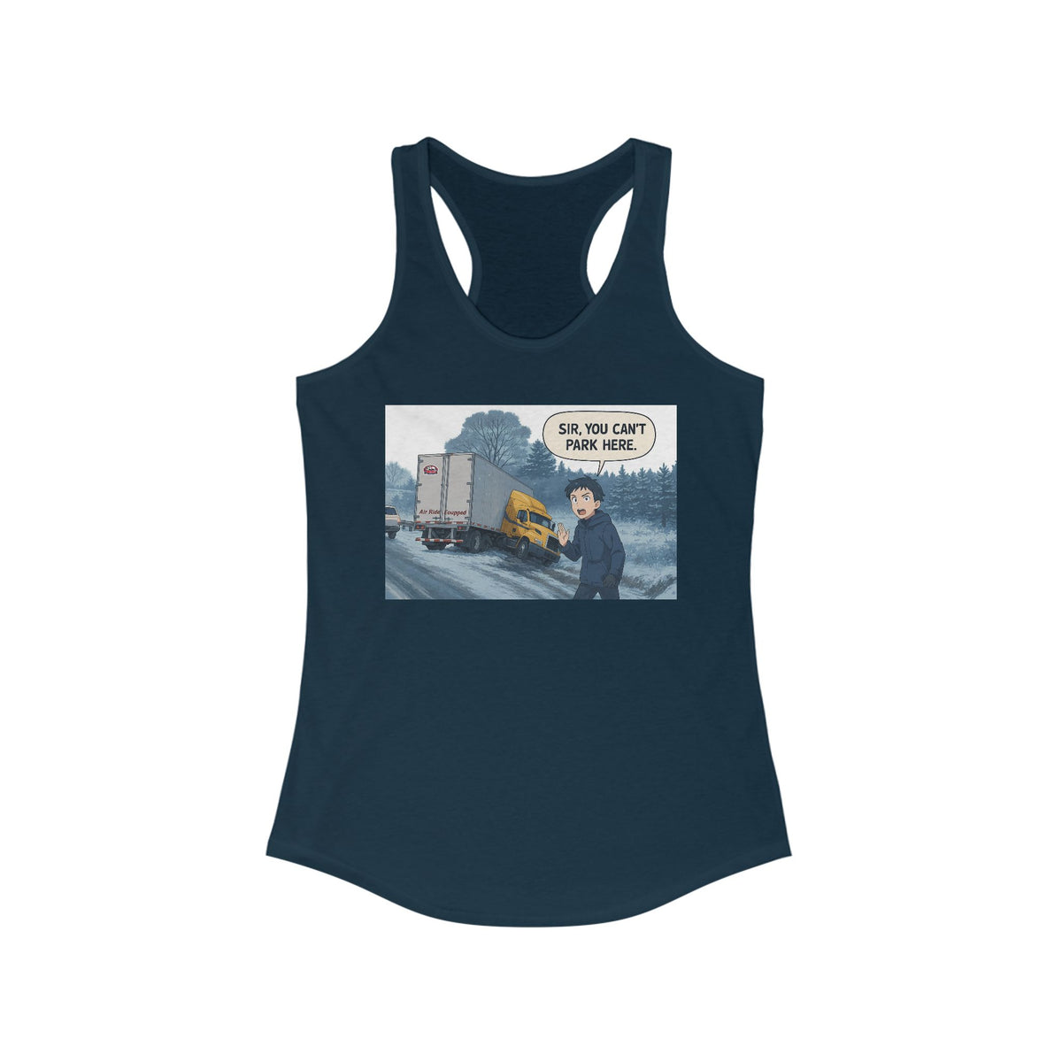 Black women's racerback tank top with humorous "Sir, You Can't Park Here!" print by Printify, casual and lightweight fit.