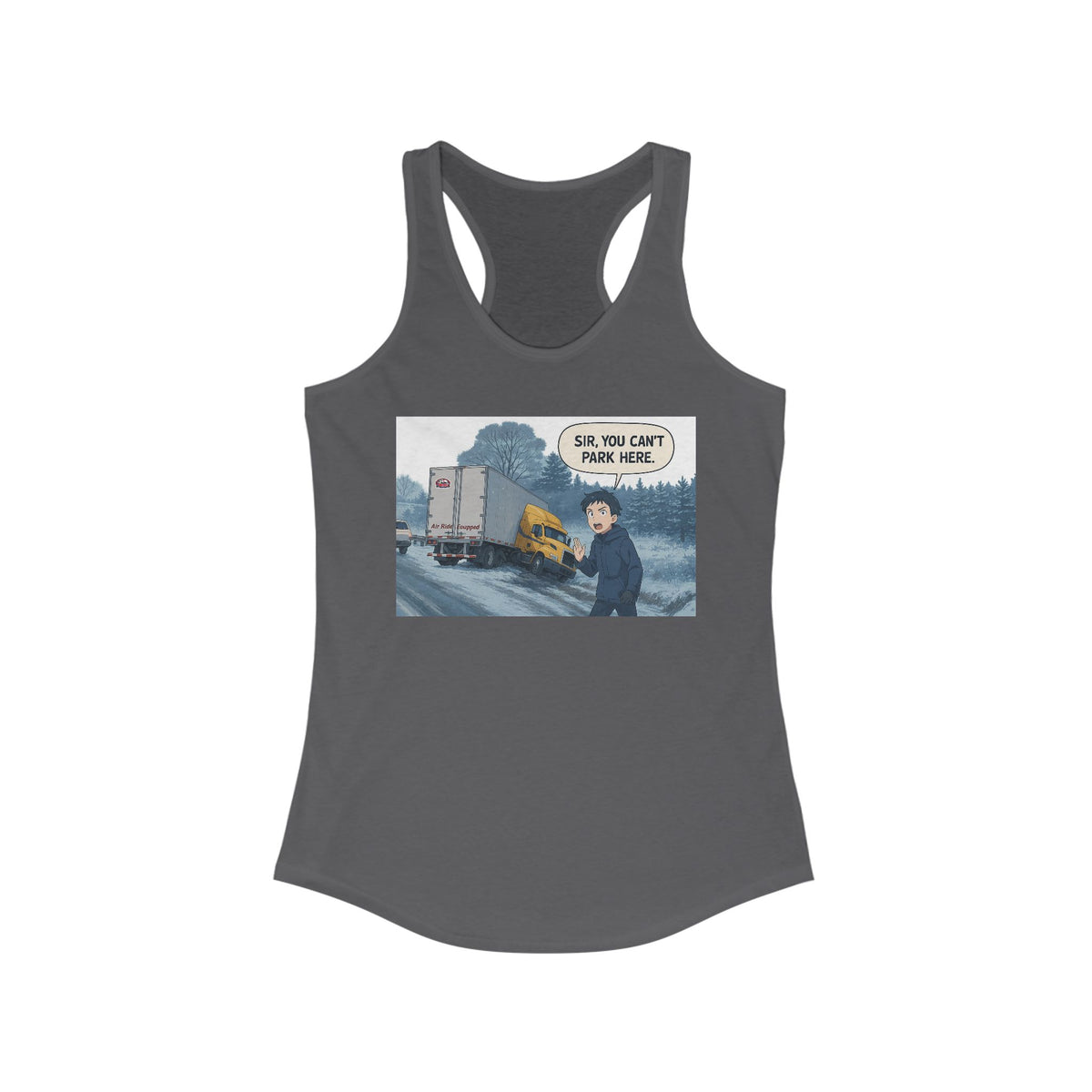 Black women's racerback tank top with humorous "Sir, You Can't Park Here!" print by Printify, casual and stylish.