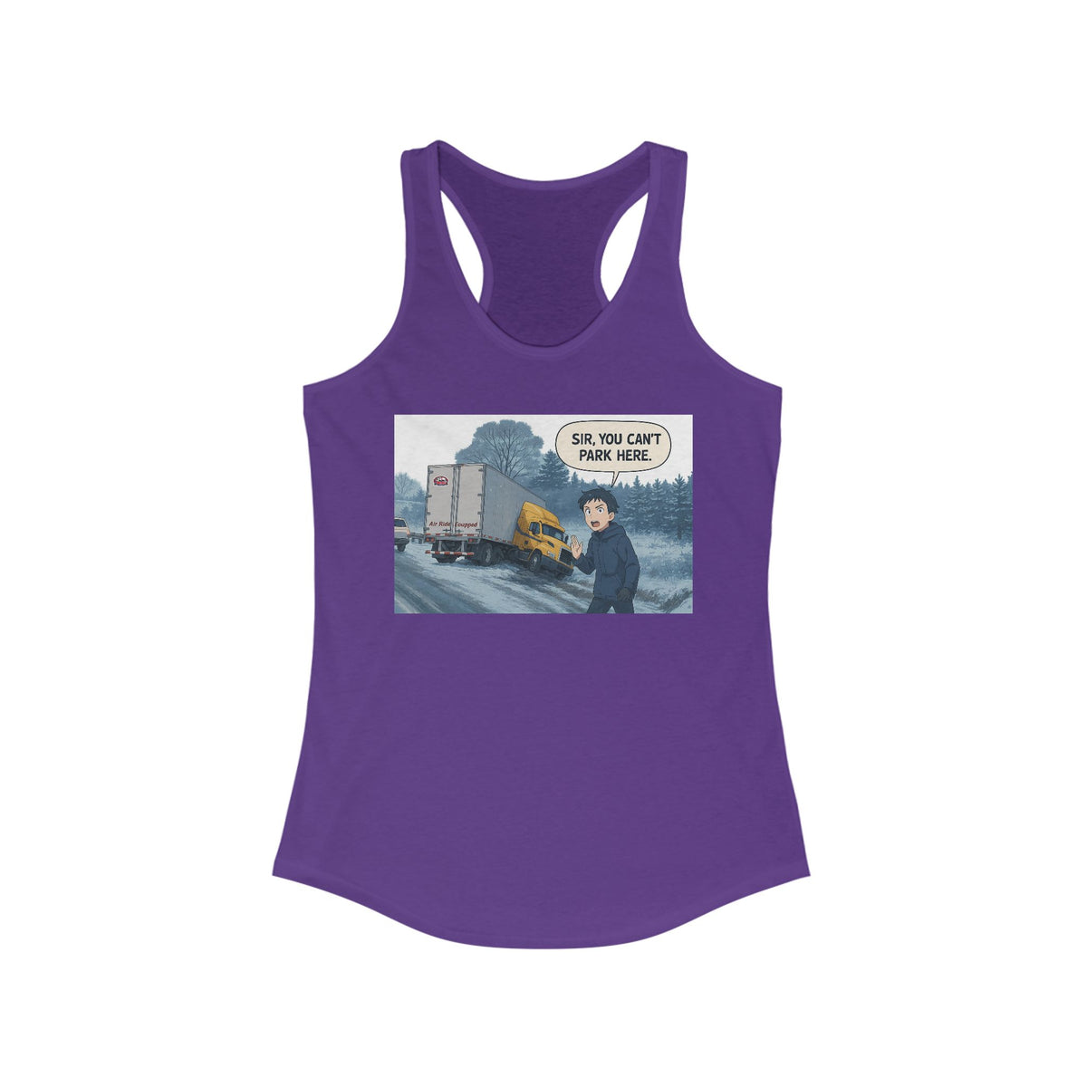 Black women's racerback tank top by Printify with humorous "Sir, You Can't Park Here!" print, casual and comfortable fit.