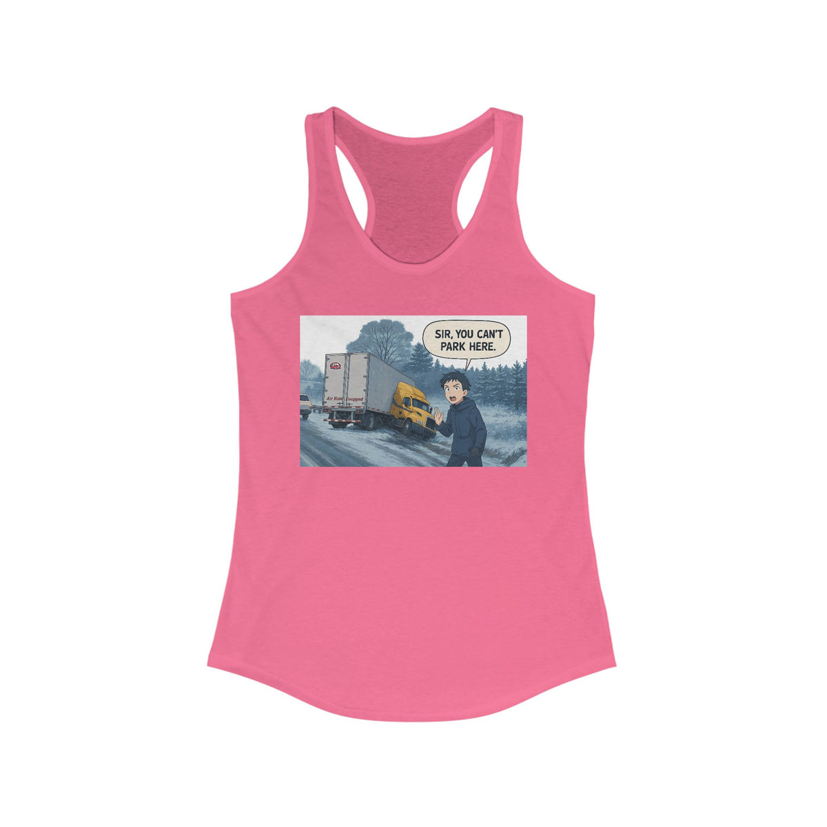 Black women's racerback tank top with humorous "Sir, You Can't Park Here!" print by Printify, casual and comfortable fit.