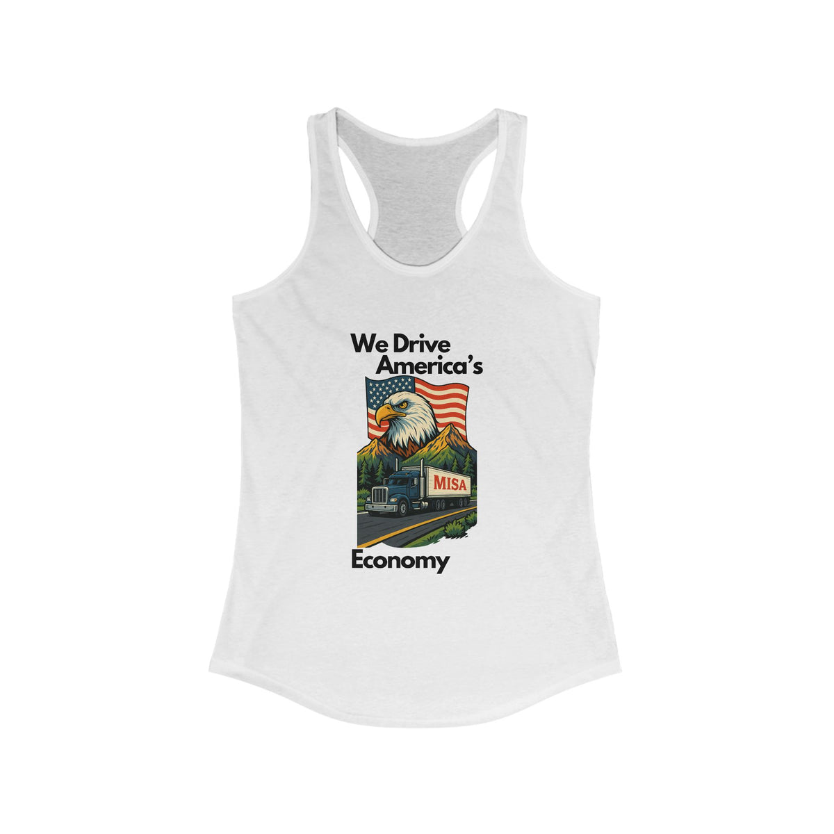Hot pink patriotic women's racerback tank top by Printify featuring "We Drive America's Economy" slogan.