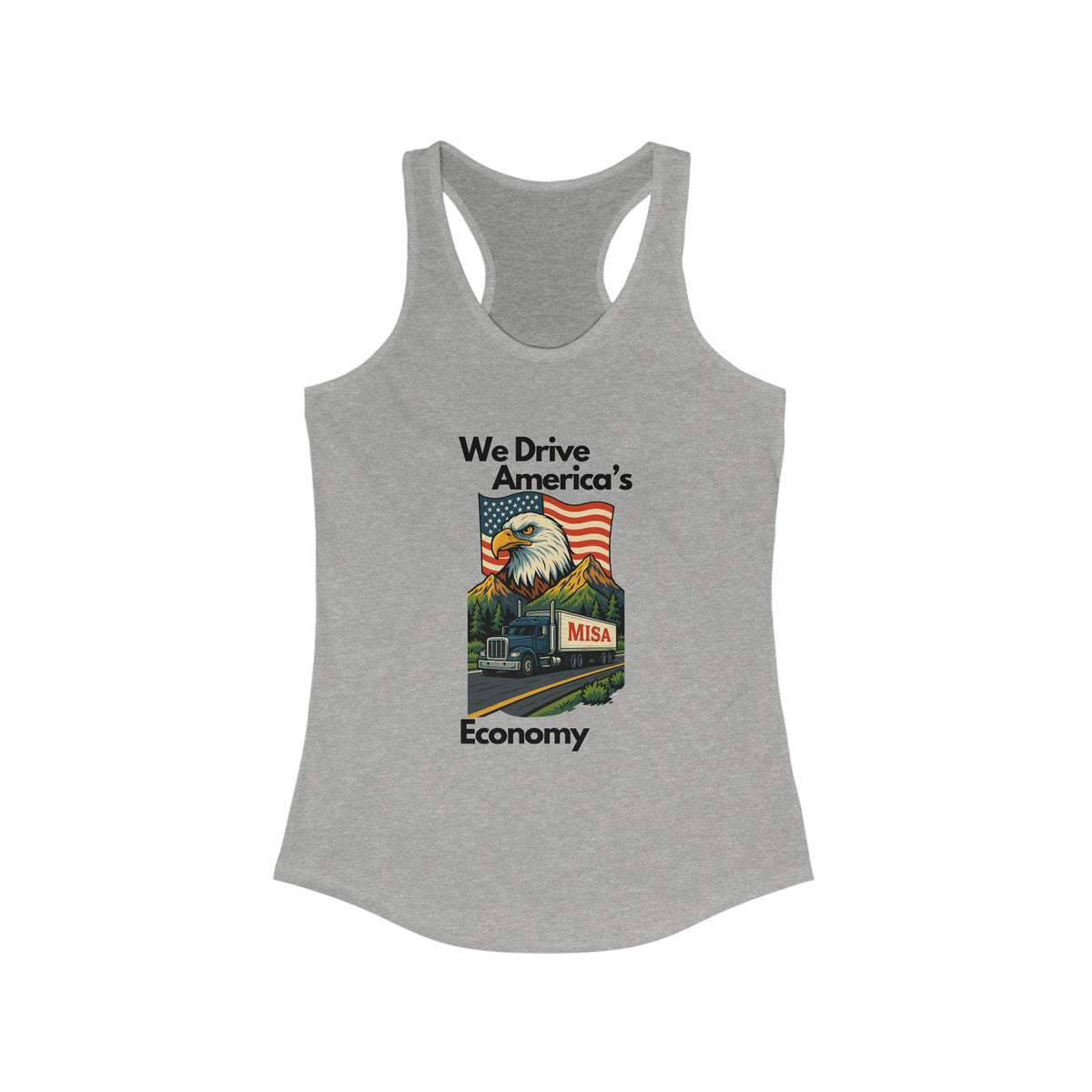 Hot pink patriotic women's racerback tank top by Printify, featuring "We Drive America's Economy" slogan.