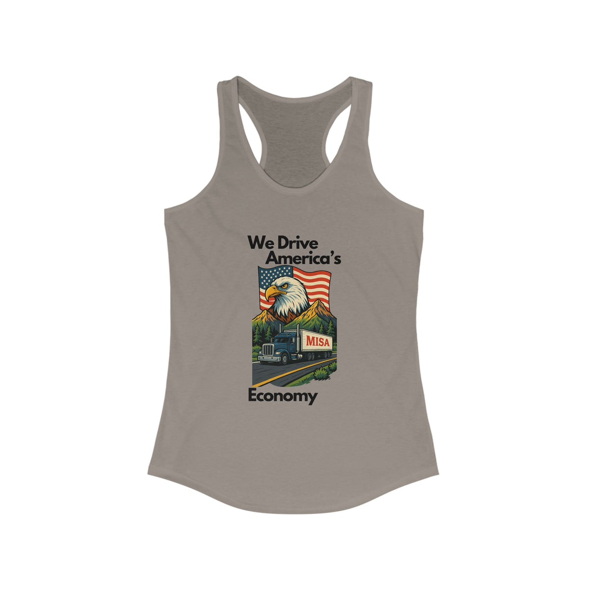 Hot pink patriotic women's racerback tank top by Printify with "We Drive America's Economy" slogan.
