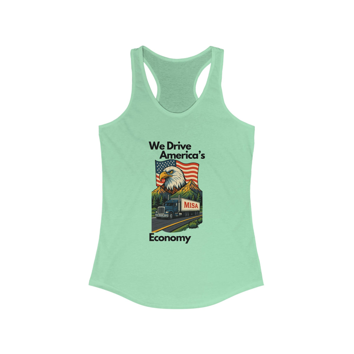 Hot pink patriotic women's racerback tank top with "We Drive America's Economy" slogan, made by Printify.