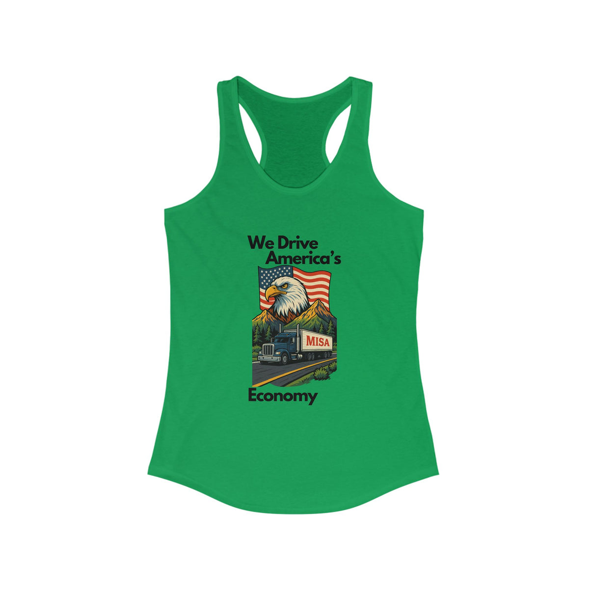 Hot pink women's patriotic racerback tank top with "We Drive America's Economy" slogan, by Printify.
