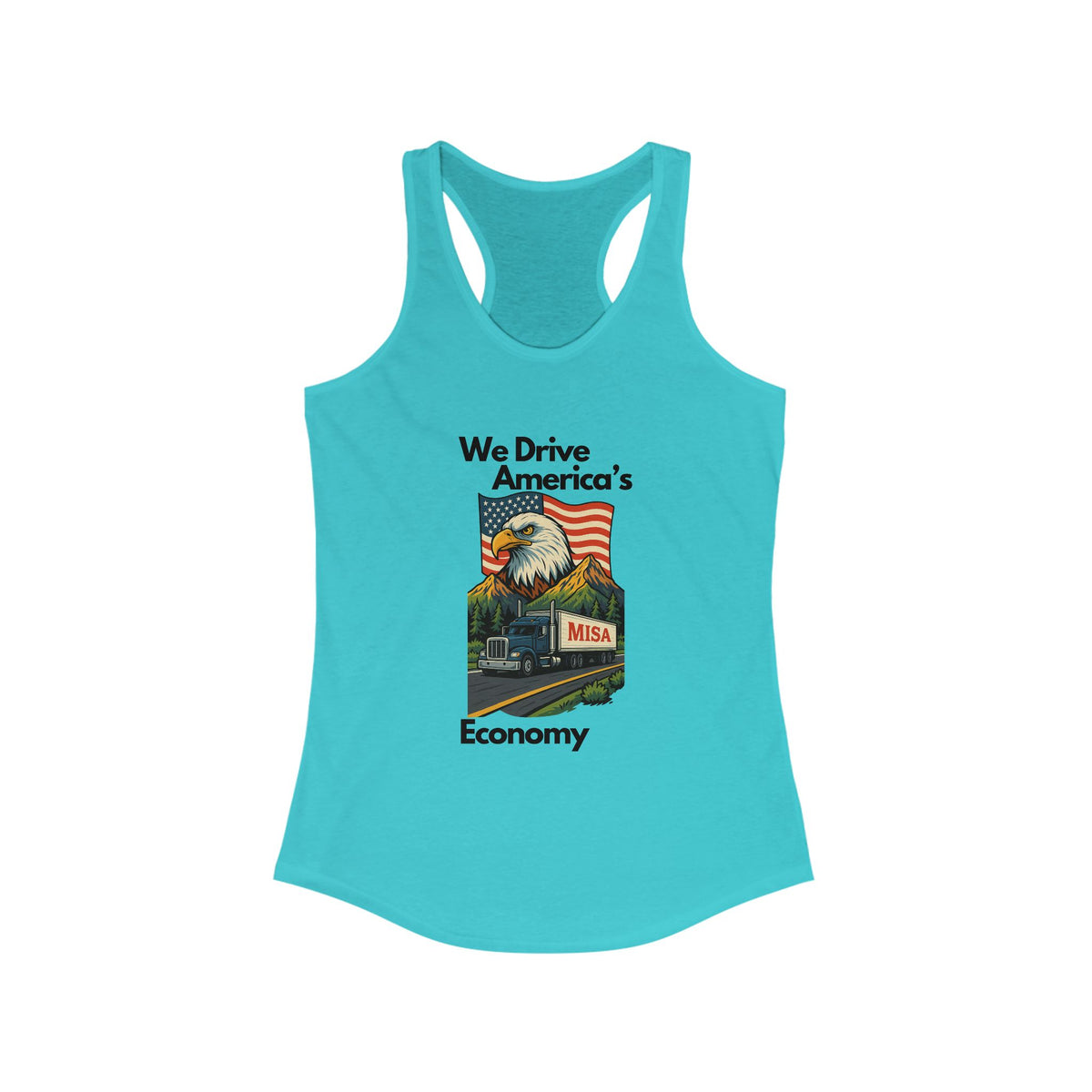 Hot pink patriotic women's racerback tank top by Printify featuring "We Drive America's Economy" slogan.