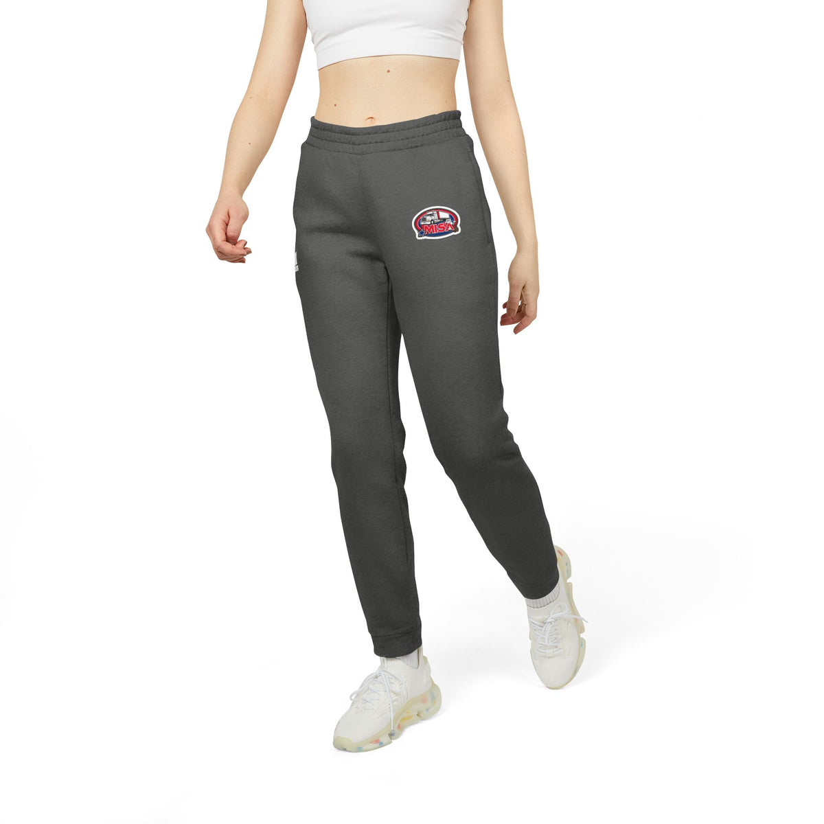 Black adidas unisex fleece joggers, comfortable athleisure trousers with elastic waistband, suitable for casual wear and lounging.