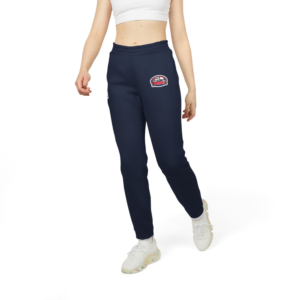 Black adidas unisex fleece joggers, comfortable athleisure trousers with elastic waistband and relaxed fit, suitable for casual wear.