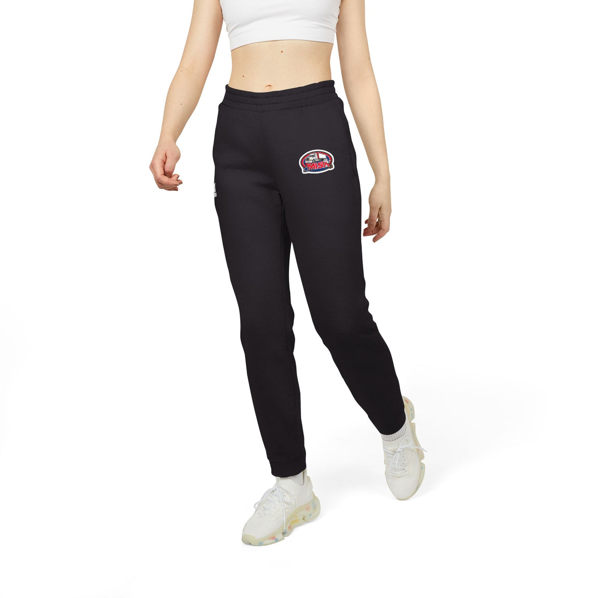 Black adidas unisex fleece joggers, comfortable athleisure trousers with elastic waistband and relaxed fit, ideal for casual wear.