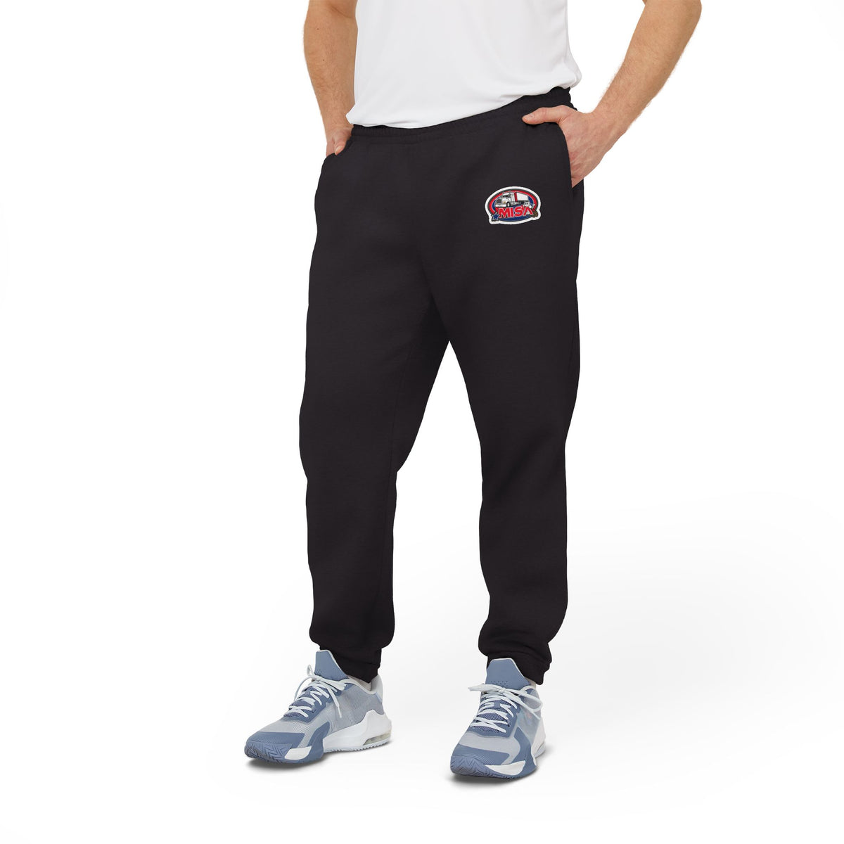 Black adidas unisex fleece joggers, comfortable athleisure trousers, made by Printify, suitable for casual and active wear.