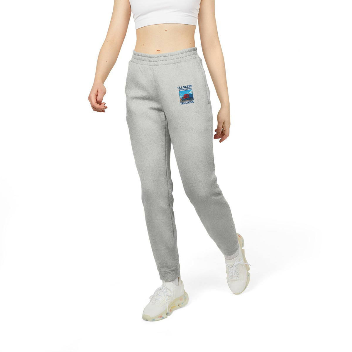 Unisex grey heather fleece joggers from Adidas by Printify, cozy trousers ideal for relaxing or active wear.