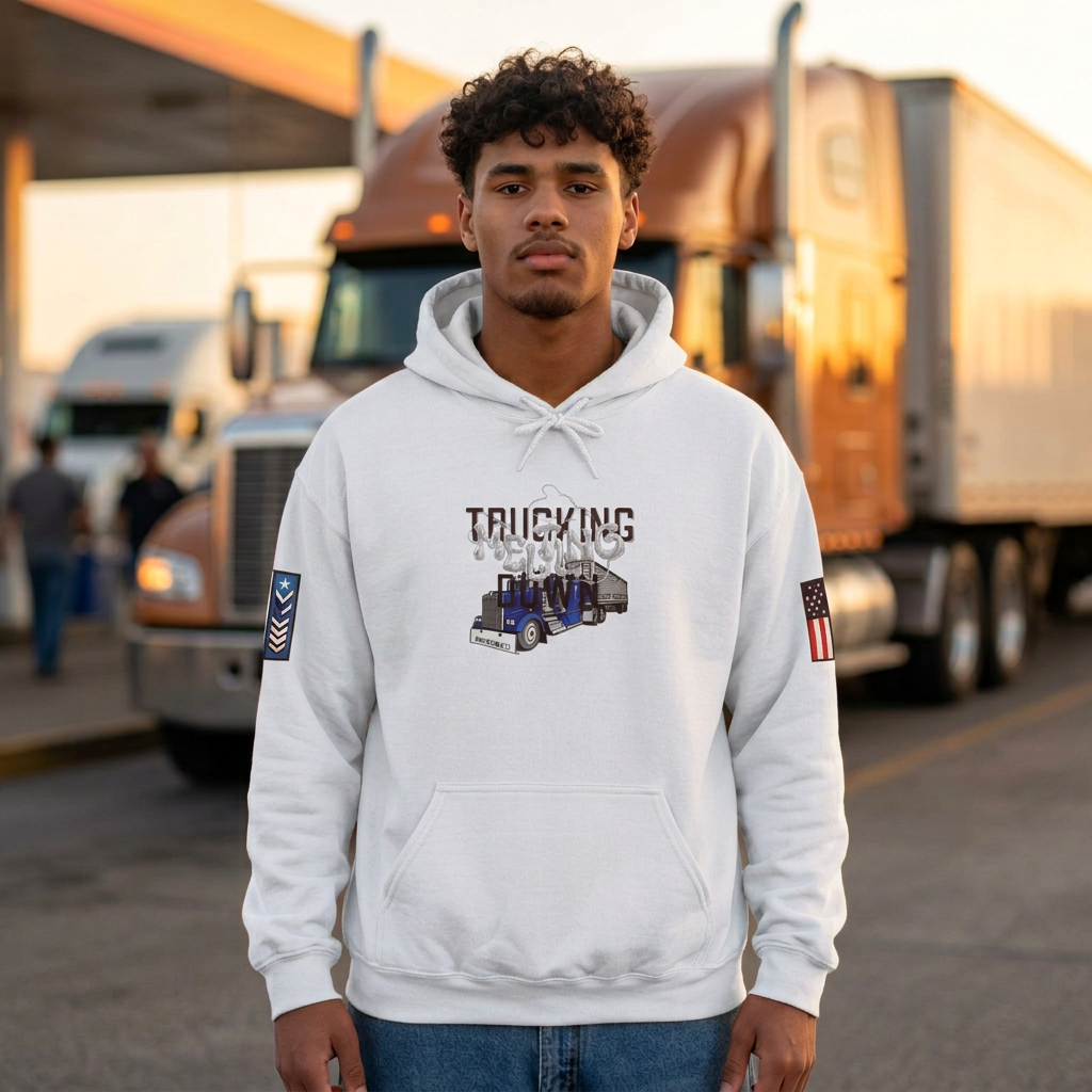 White trucking hoodie lifestyle image